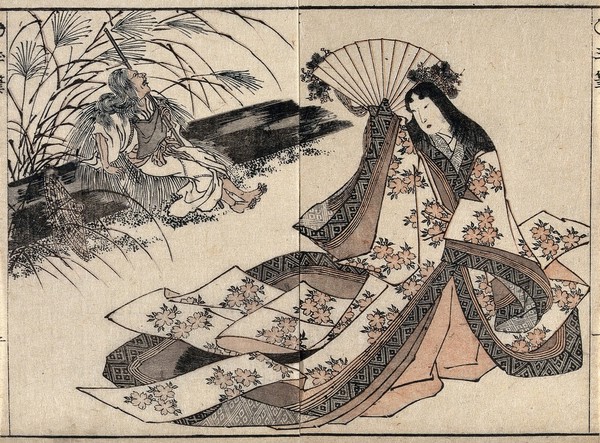 Ono no Komachi, a poetess, shown in youth (wearing an elaborate robe, and holding a fan) and in old age. Colour woodcut by Toyokuni II, 1830.