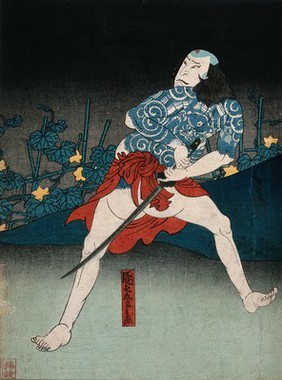 Actor Nakamura Shikan IV as Danshichi Kurōbei having just disposed of the corpse of his victim down a well; the character is about to escape by joining a passing festival procession. Colour woodcut by Kunisada I, 1855.