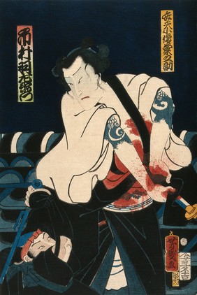 Actor Nakamura Uzaemon killing himself on a roof as an assailant strikes at him. Colour woodcut by Yoshiiku, 1868.