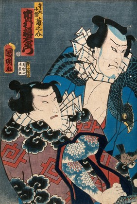 Line up of five actors as "rough" popular heroes. Colour woodcut by Kuniaki, 1862.