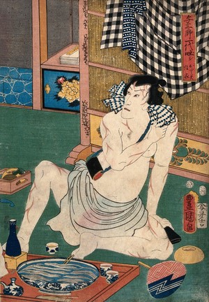 view Actor Ichikawa Kodanji (?) in a loin-cloth, his body covered with sword scars, is seated at a meal. Colour woodcut by Kunisada I, 1857.