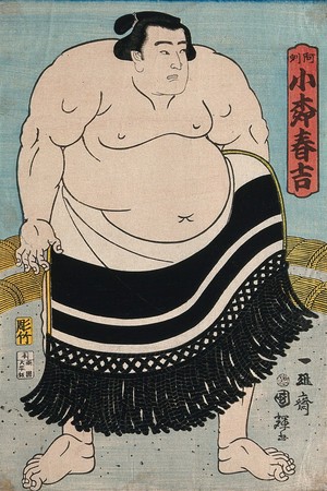 view A wrestler in a ring facing right and wearing a formal apron. Colour woodcut by Kuniteru, 1866.