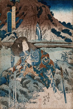 An actor as a Chinese hero wringing out his sleeve. Colour woodcut by Hokkei.