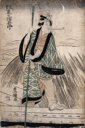 Actor Bandō Mitsugorō III as a boatman punting on a snowy night. Colour woodcut by Toyokuni, ca. 1812.