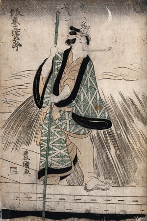 view Actor Bandō Mitsugorō III as a boatman punting on a snowy night. Colour woodcut by Toyokuni, ca. 1812.