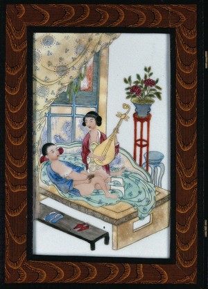 view A Japanese man and woman having sexual intercourse, the woman lying on top, playing a lute. Ceramic tile by Japanese craftsman.