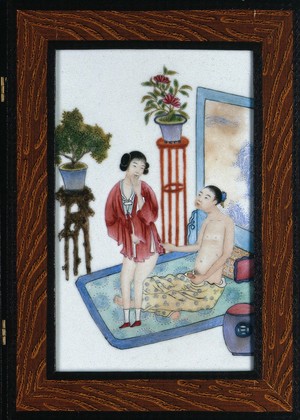 view A Japanese erotic scene of a man propositioning a woman for sex in a bedroom. Ceramic tile by Japanese craftsman.