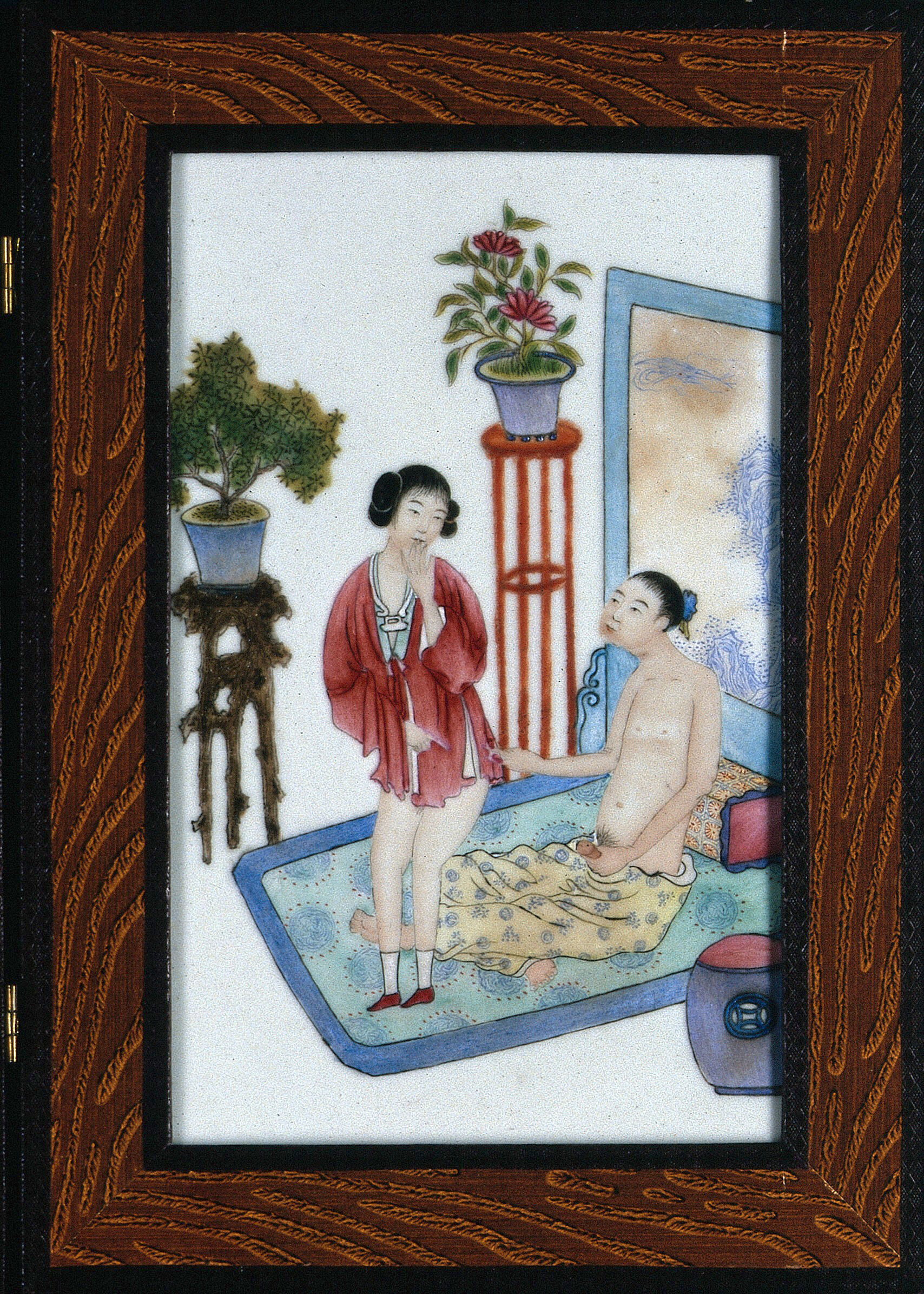 A Japanese erotic scene of a man propositioning a woman for sex in a  bedroom. Ceramic tile by Japanese craftsman. | Wellcome Collection