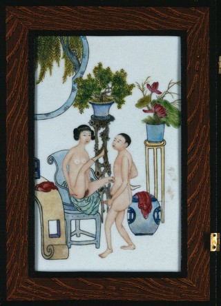A Japanese erotic scene of a man and a woman about to have sexual intercourse in a bedroom. Ceramic tile by Japanese craftsman.