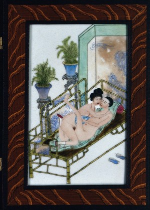 view A Japanese erotic scene of a man and a woman having sexual intercourse in a bedroom. Ceramic tile by Japanese craftsman.