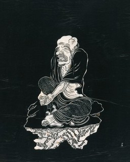 A Lohan (disciple of Buddha), with very long eyebrows, seated on a rock. Woodcut in manner of ink stone rubbing, China, 18--?