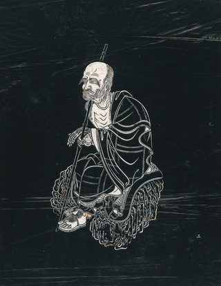 A Lohan (disciple of Buddha), seated on a rock holding a staff. Woodcut in the manner of an ink stone rubbing, China, 18--?.