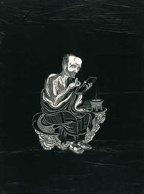 A Lohan (disciple of Buddha), seated on a rock beside an incense-burner (?), holding a tablet. Woodcut in the manner of an ink stone rubbing, China, 18--?.