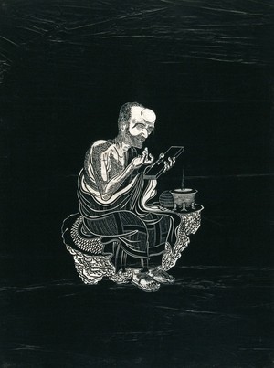 view A Lohan (disciple of Buddha), seated on a rock beside an incense-burner (?), holding a tablet. Woodcut in the manner of an ink stone rubbing, China, 18--?.