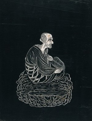 view A Lohan (disciple of Buddha), seated on a rock holding a fan. Woodcut in the manner of an ink stone rubbing, China, 18--?.