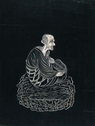 A Lohan (disciple of Buddha), seated on a rock holding a fan. Woodcut in the manner of an ink stone rubbing, China, 18--?.