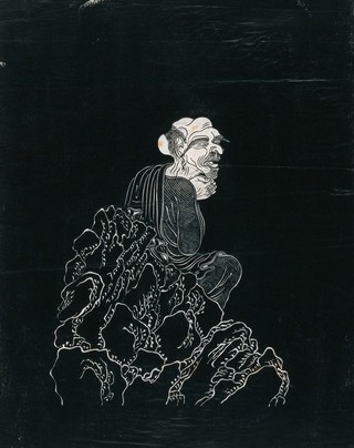 A Lohan (disciple of Buddha), seated on a rock. Woodcut in the manner of an ink stone rubbing, China, 18--?.