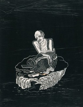 A Lohan (disciple of Buddha), seated on a rock, reading. Woodcut in the manner of an ink stone rubbing, China, 18--?.