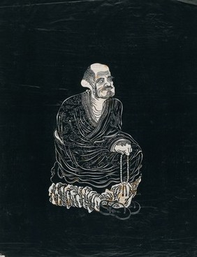 A Lohan (disciple of Buddha), seated on a rock, holding prayer beads. Woodcut in the manner of an ink stone rubbing, China, 18--?.