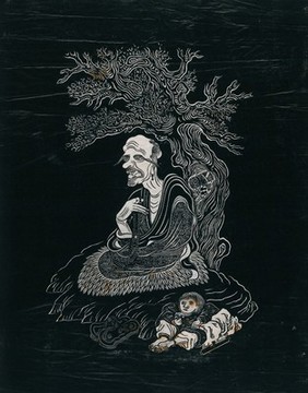 A Lohan (disciple of Buddha), seated under a tree, holding prayer beads, with a small child at his side. Woodcut in the manner of an ink stone rubbing, China, 18--?.