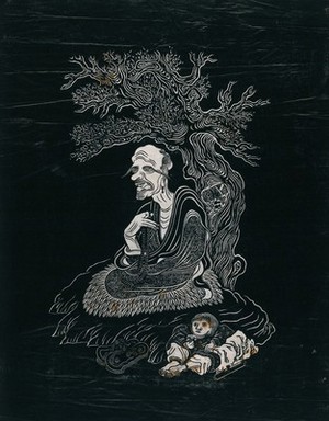 view A Lohan (disciple of Buddha), seated under a tree, holding prayer beads, with a small child at his side. Woodcut in the manner of an ink stone rubbing, China, 18--?.