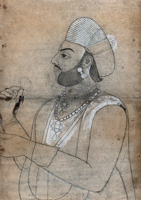 A man wearing a turban and jewellery, holding a flower (?). Pouncing drawing, pencil with watercolour and bodycolour, Indian (?), 18--?.