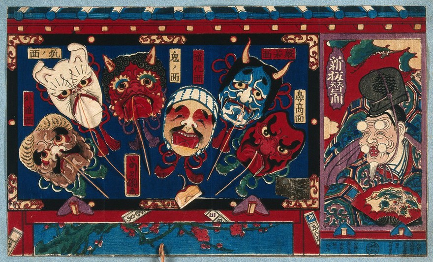 Japanese masks: six masks of characters in Noh plays, including two representing a dog and a demon, with an old man shown on the right. Colour woodcut with pop-up flaps on strings, 1860/1920?.