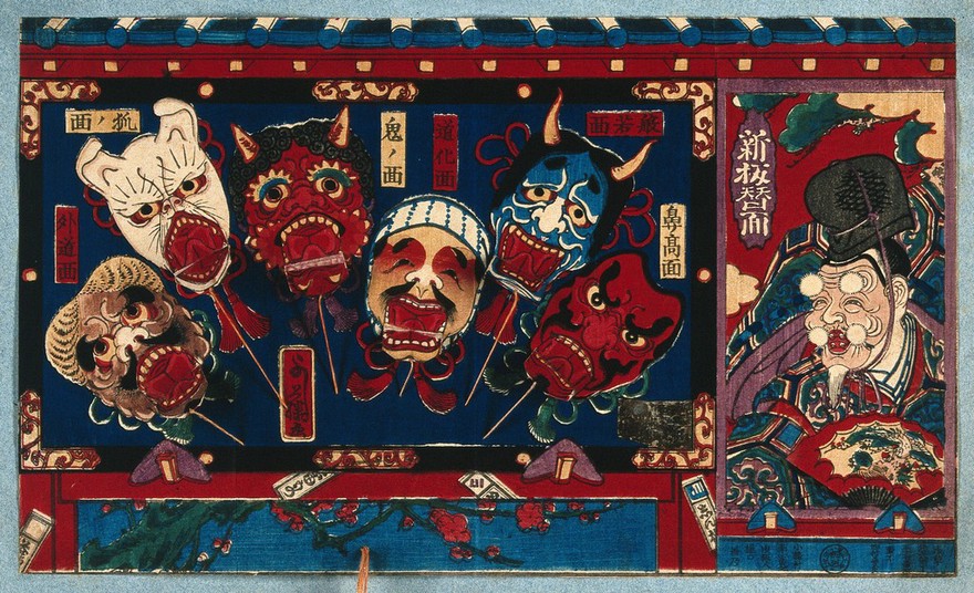 Japanese masks: six masks of characters in Noh plays, including two representing a dog and a demon, with an old man shown on the right. Colour woodcut with pop-up flaps on strings, 1860/1920?.