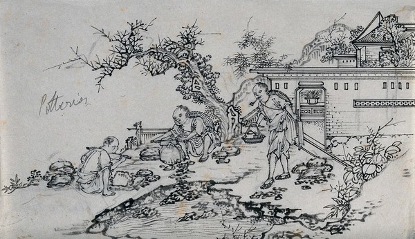 Chinese potters cutting plastic clays: two potters are shown working outdoors, while another brings them tea on a tray. Ink drawing, China, 18--?.