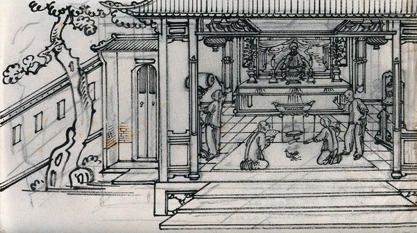 A Chinese man taking an oath before a shrine to the god Paak-tai, while another man prepares to decapitate a cock. Ink drawing, China, 18--?.