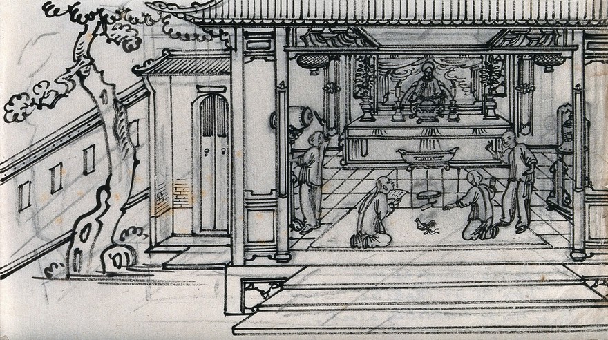 A Chinese man taking an oath before a shrine to the god Paak-tai, while another man prepares to decapitate a cock. Ink drawing, China, 18--?.