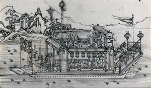 view A floating Chinese temple, including an altar, musicians and prayer wheels. Ink drawing, China, 18--?.