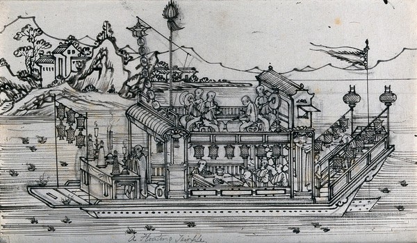 A floating Chinese temple, including an altar, musicians and prayer wheels. Ink drawing, China, 18--?.
