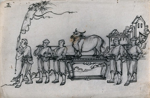 A Chinese procession in honour of the god of spring, incorporating a sacred buffalo. Ink drawing, China, 18--?.