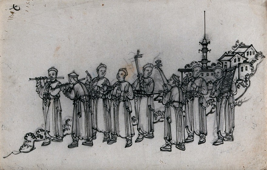 A Chinese procession of musicians, in honour of the god of spring. Ink drawing, China, 18--?.