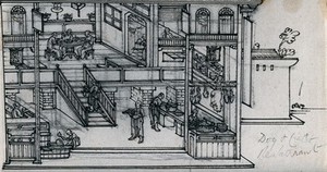 view Chinese dog and cat restaurant: diners are shown eating at a table on the first floor, while food is seen being prepared in the kitchen below. Ink drawing, China, 18--?.