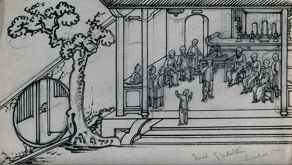 Trial of a Chinese woman charged with adultery: the trial before elders is shown taking place in an ancestral hall. Ink drawing, China, 18--?.