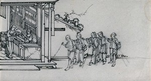 view A line of blind Chinese beggars approaching a shop. Ink drawing, China, 18--?.