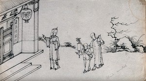 view A blind Chinese minstrel with his child assistant, being invited into a house by a woman. Ink drawing, China, 18--?.