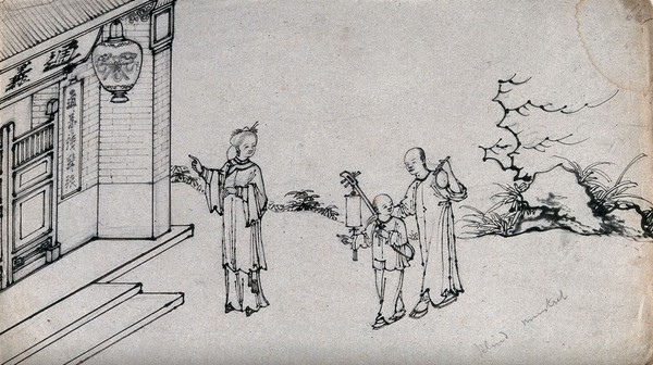 A blind Chinese minstrel with his child assistant, being invited into a house by a woman. Ink drawing, China, 18--?.