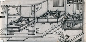 view Opium takers relaxing in a Chinese opium divan. Ink drawing, China, 18--?.