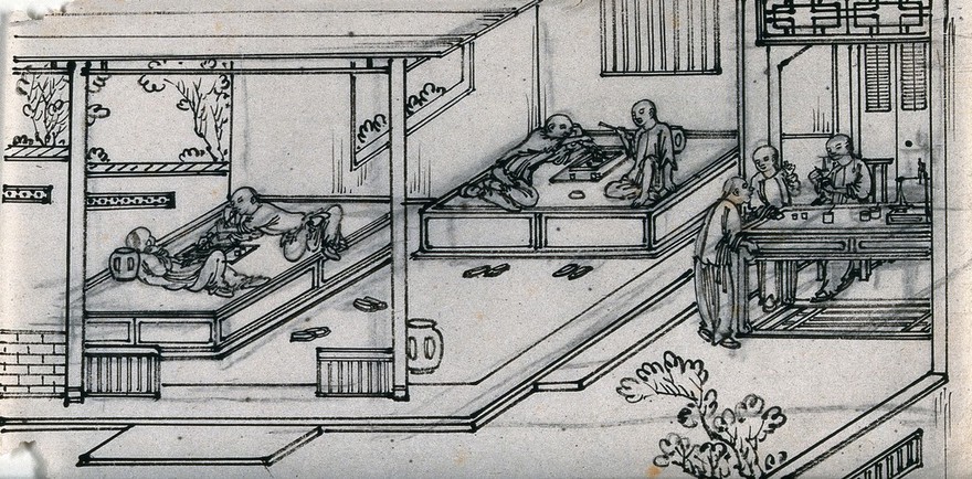 Opium takers relaxing in a Chinese opium divan. Ink drawing, China, 18--?.