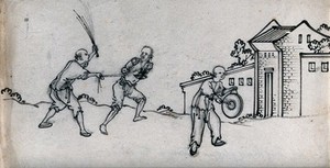 view A Chinese thief being flogged and forced to walk through the streets, while a man walks in front of him, hitting a gong. Ink drawing, China, 18--?.