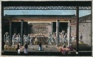 view A tea plantation in China: tea is shown being weighed, while workers tread down congou tea into chests and a man in Western dress converses with a senior plantation worker. Gouache, China, 1800/1850.