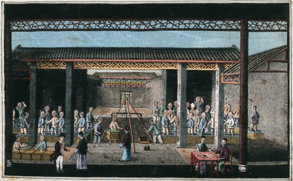 A tea plantation in China: tea is shown being weighed, while workers tread down congou tea into chests and a man in Western dress converses with a senior plantation worker. Gouache, China, 1800/1850.