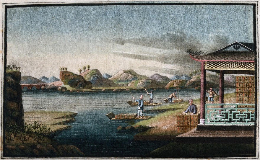 A tea plantation in China: workers load boxes of tea for export onto rafts. Gouache, China, 1800/1850.