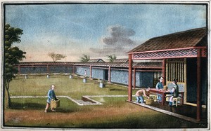 view A tea plantation in China: workers seated on a verandah grade the tea leaves by hand. Gouache, China, 1800/1850.