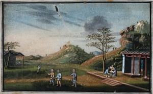 view A tea plantation in China: workers prepare the soil for planting tea, while others rest nearby and eat from bowls with chopsticks. Gouache, China, 1800/1850.