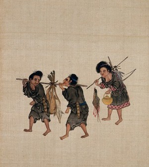 view Three female hunters carrying dead animals and birds on poles on their shoulders. Gouache on cloth, tipped onto silk over boards, Central Asia (?), 18--.