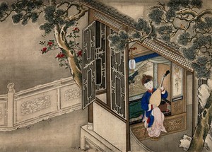 view A Chinese lady , seated indoors, playing a string instrument at an open window; left, a carved stone wall. Gouache.